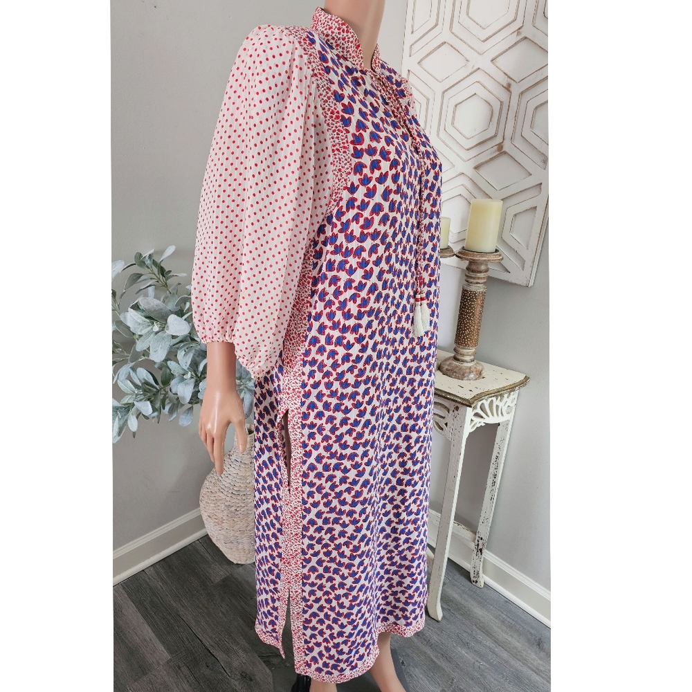 Vintage 70's-80's Diane Freis Red Blue Floral Puff Sleeve Tunic Dress